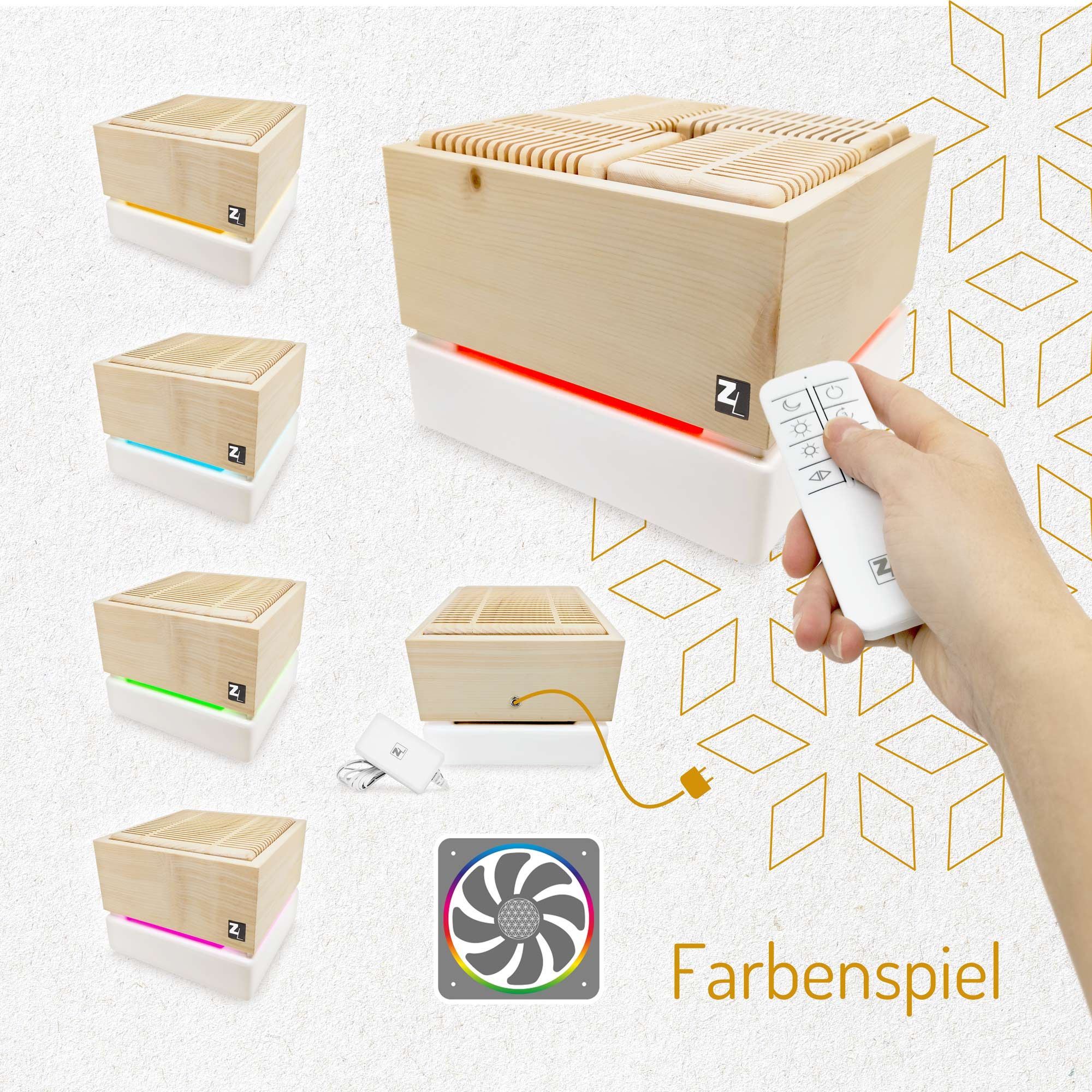 ZirbenLüfter CUBE mini mit LED-Beleuchtung in verschiedenen Farben, Fernbedienung und Lüfter.