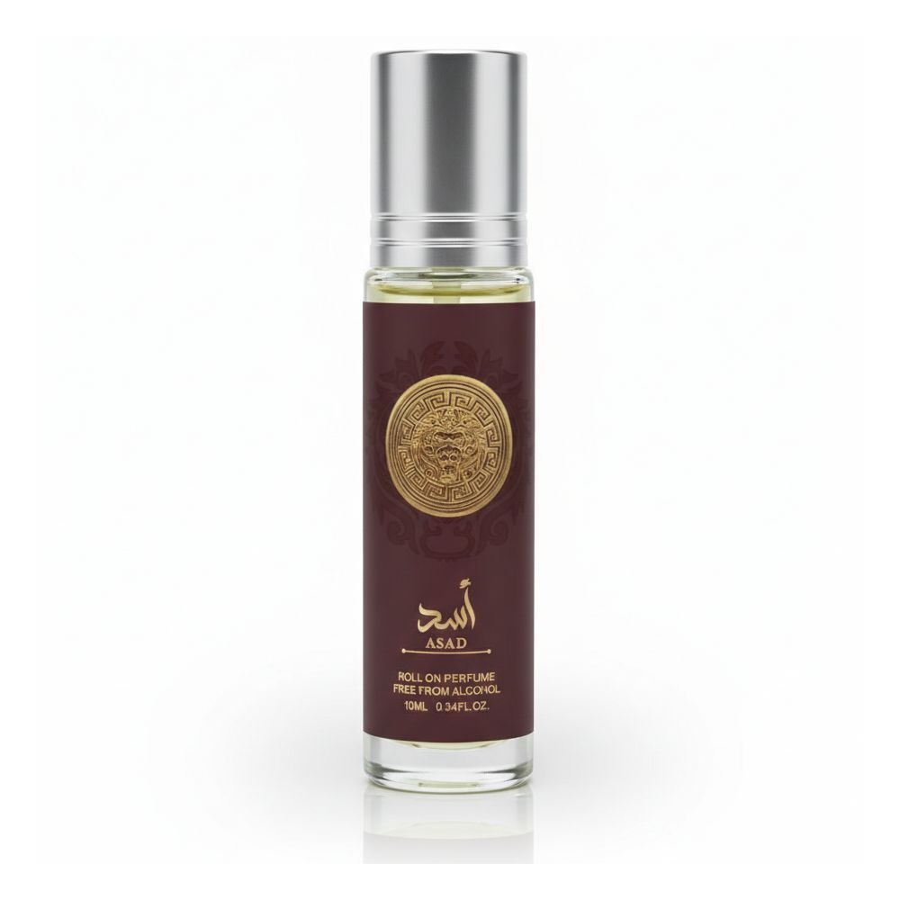 Roll-on-Parfumflasche mit silbernem Deckel. Aufschrift: ASAD, Roll-on Parfum, 10ml.