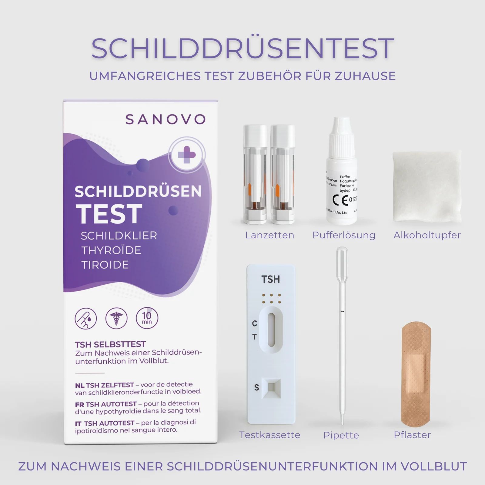 Schilddrüsen-Testkit mit Zubehör: Lanzetten, Pufferlösung, Alkoholtupfer, Testkassette, Pipette, Pflaster.