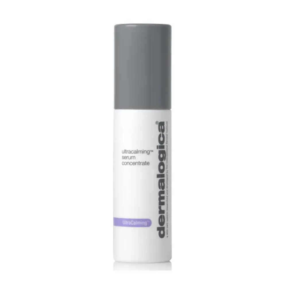 Weißes Serumfläschchen mit grauem Deckel. Beschriftung: ultracalming serum concentrate, dermalogica.