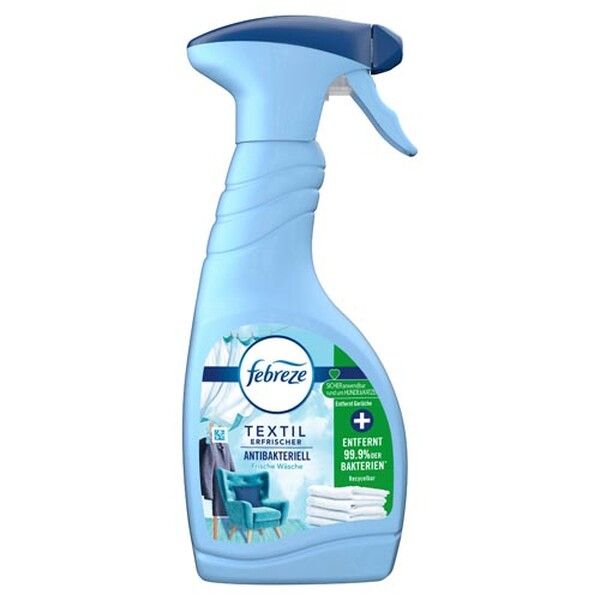 Febreze Textilerfrischer Sprayflasche, hellblau, mit antibakterieller Formel für frische Wäsche.
