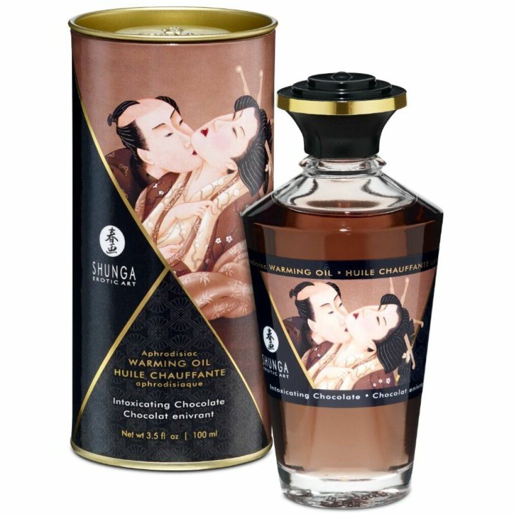 Braune Glasflasche und Dose mit Etiketten. Aufschrift: Shunga, Warming Oil, Intoxicating Chocolate. Abbildung: küssendes Paar.