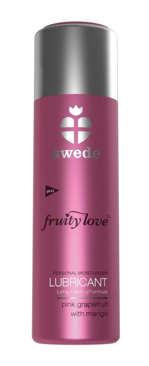 Pinkfarbene Flasche mit silbernem Deckel. Aufschrift "swede fruity love" und "LUBRICANT".