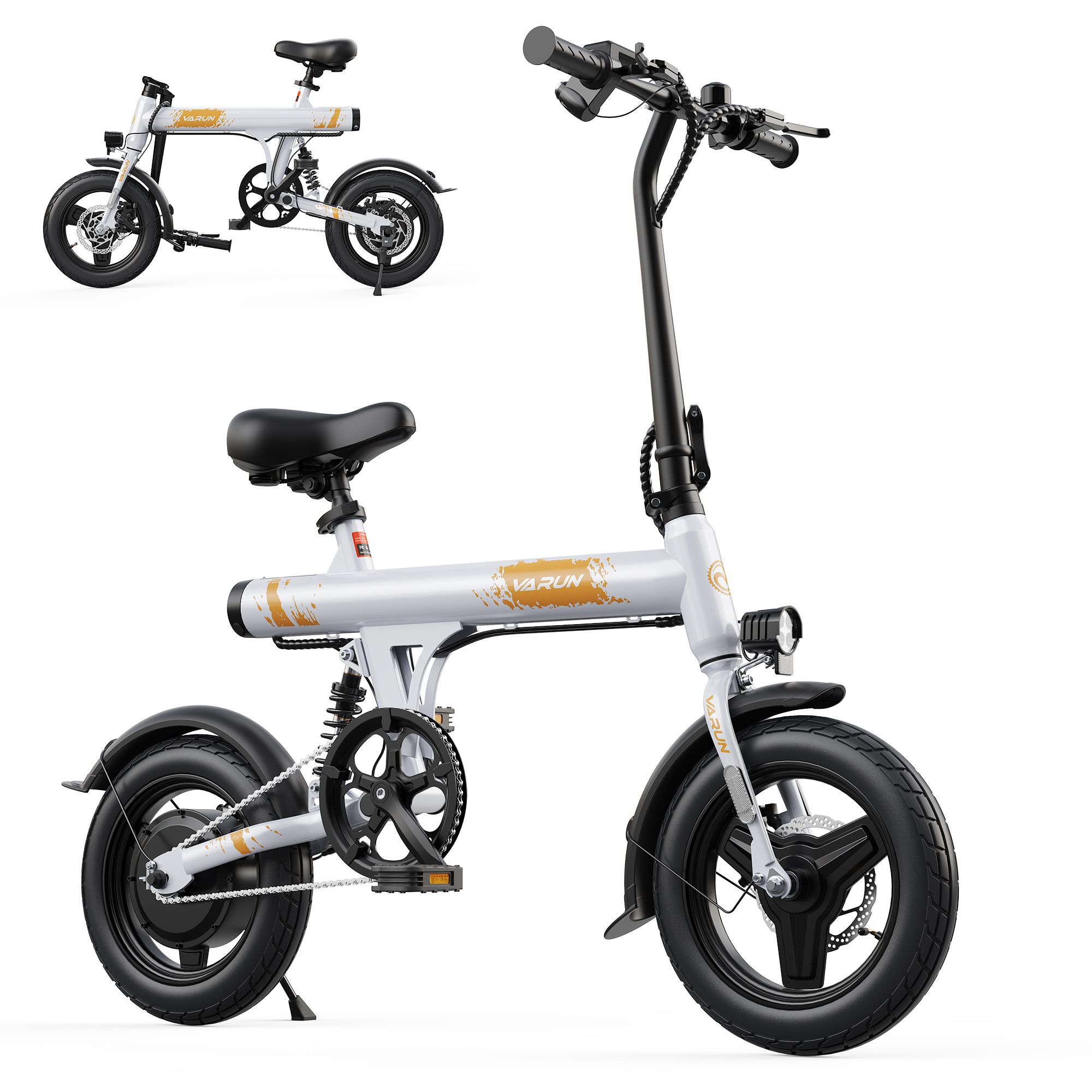 Faltbares E-Bike, weiß mit schwarzen Elementen. VARUN-Logo. Kompaktes Design mit Pedalen, Sattel und Lenker. Zwei Ansichten.