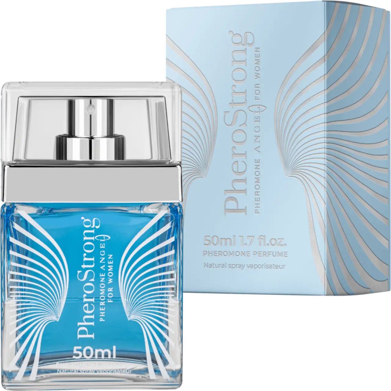Parfümflakon und Verpackung. Flakon: blau, Sprühkopf, Aufschrift PheroStrong. Verpackung: hellblau, Aufschrift PheroStrong.