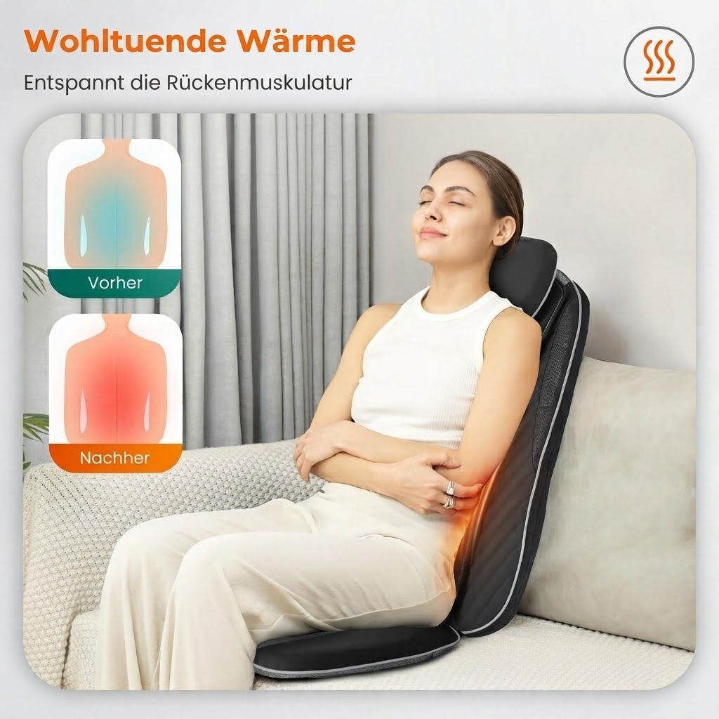 Frau entspannt auf Sofa mit Shiatsu Massagekissen, das Wärme zur Muskelentspannung bietet.