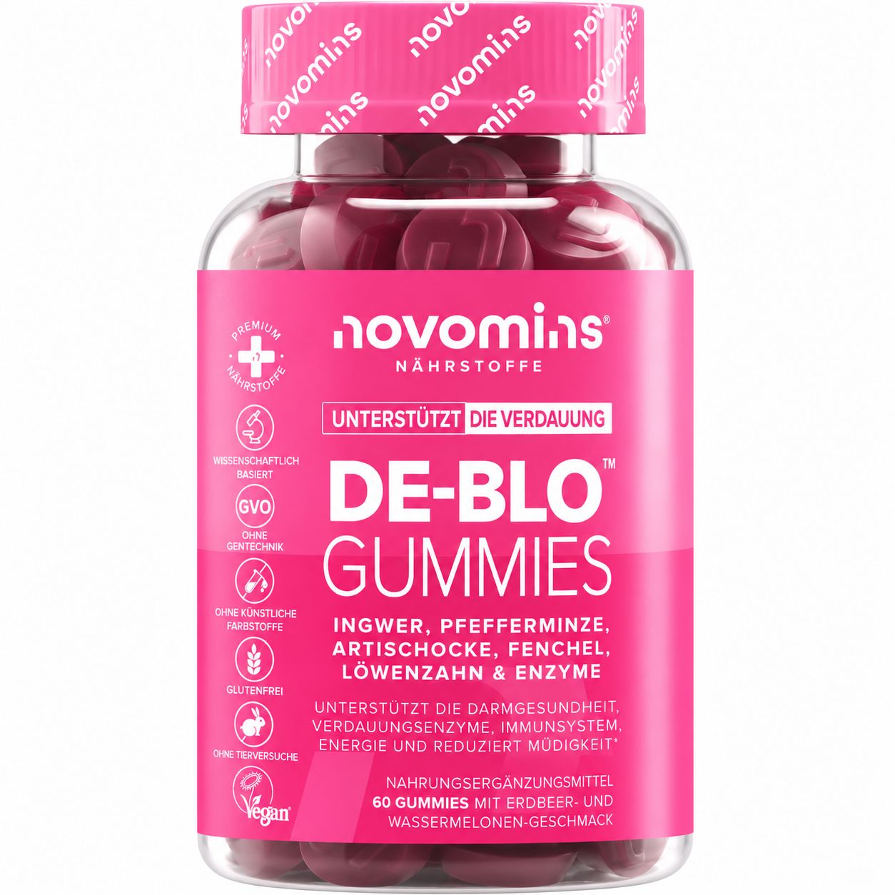 Flasche Novomins DE-BLO GUMMIES mit Aufdruck 'Unterstützt die Verdauung'.