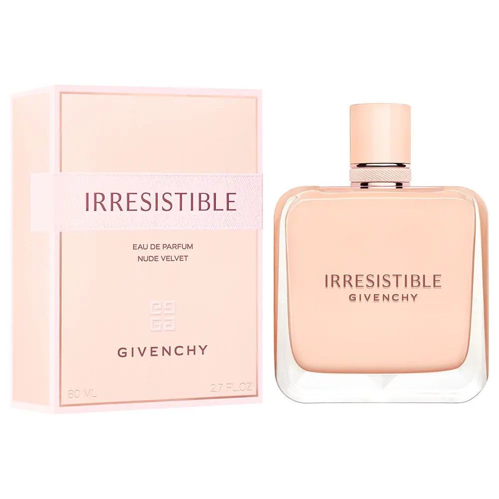 Givenchy Irresistible Nude Velvet Eau de Parfum Flakon und Schachtel. Rosa Verpackung mit silbernem Band.