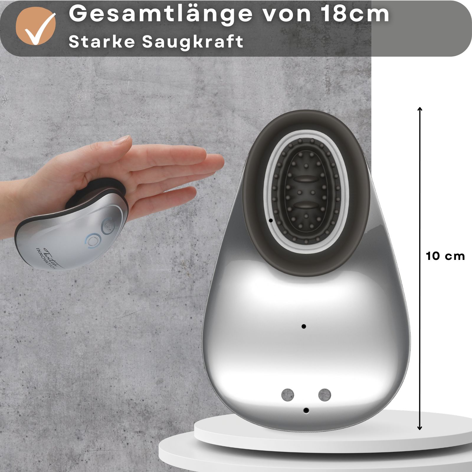 Silberfarbener Vibrator und Hand. Text: Gesamtlänge von 18cm, Starke Saugkraft. Längenangabe: 10 cm.