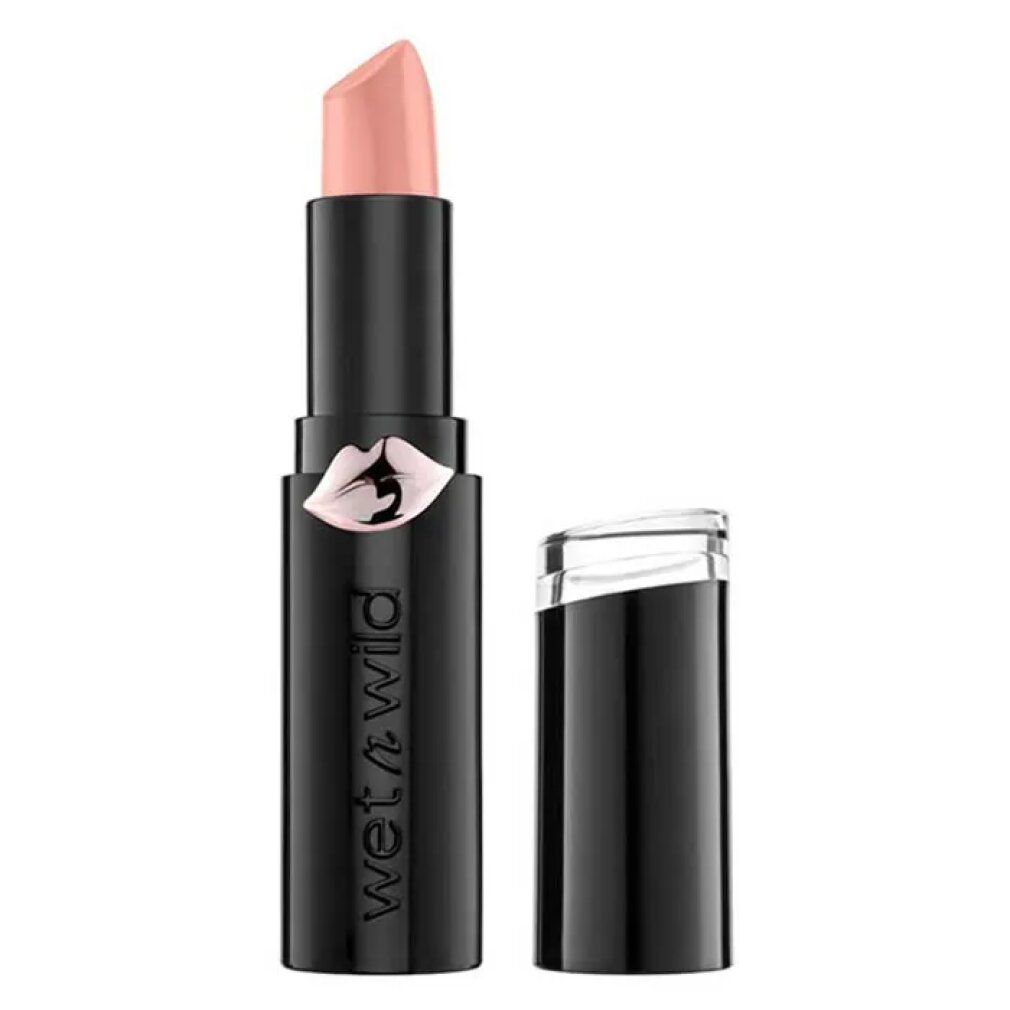 Lippenstift, rosa Farbton, schwarze Hülle, Marke Wet n Wild. Geöffnete Kappe daneben.