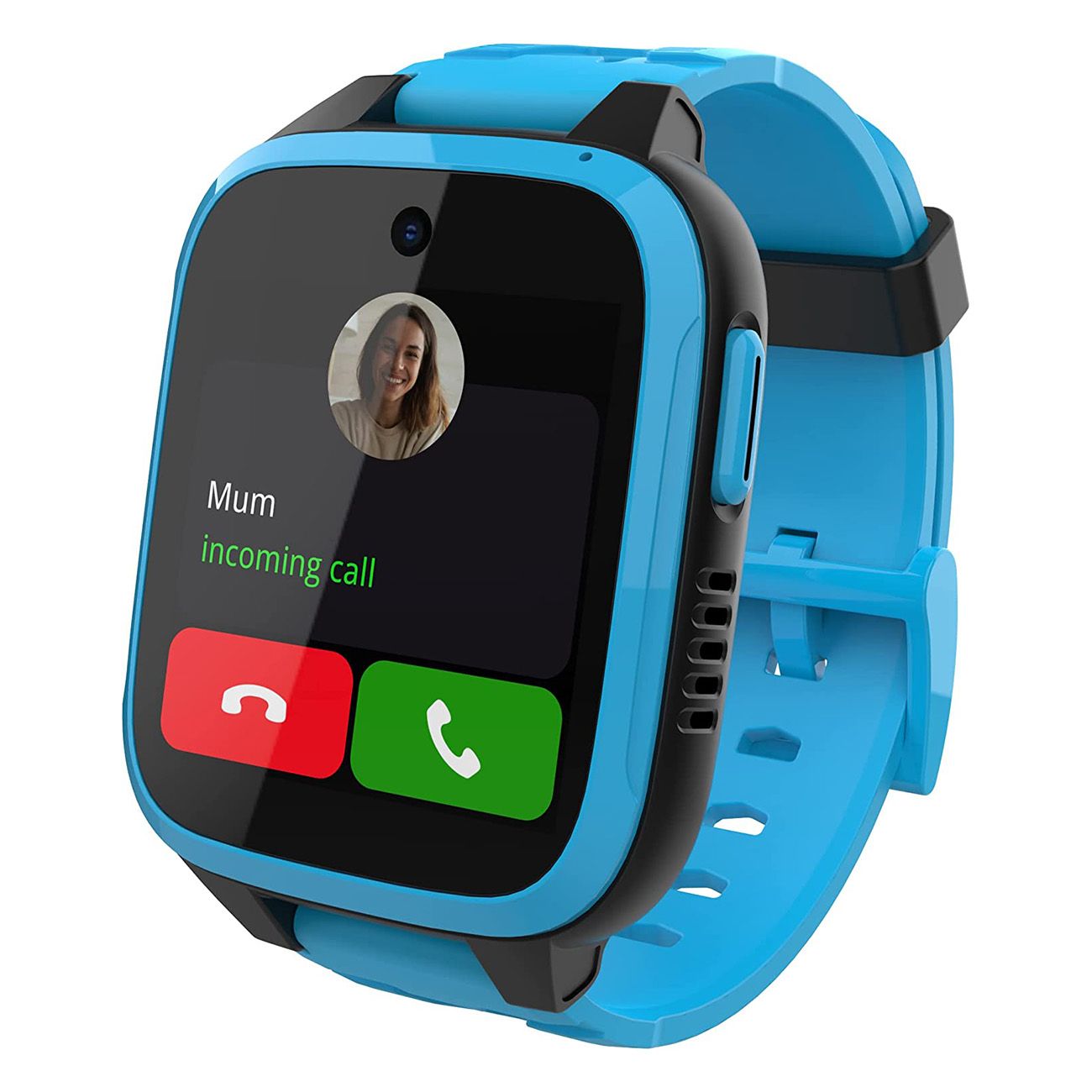 Blaue Smartwatch mit rundem Display. Anruf von 'Mum'. Rote und grüne Anruf-Buttons. Blaue Armbänder.