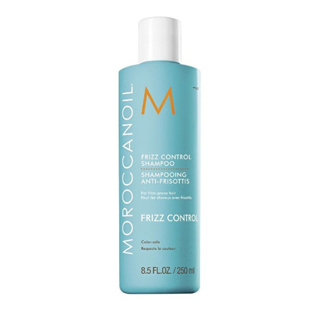 Türkisblaue Shampoo-Flasche mit weißem Deckel. Aufschrift: Moroccanoil, Frizz Control Shampoo. 8.5 FL.OZ./250 ml.