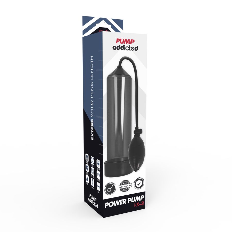 Verpackung mit Pumpe. Schwarze Pumpe mit Schlauch und Ball. Logo und Text. RX-3.
