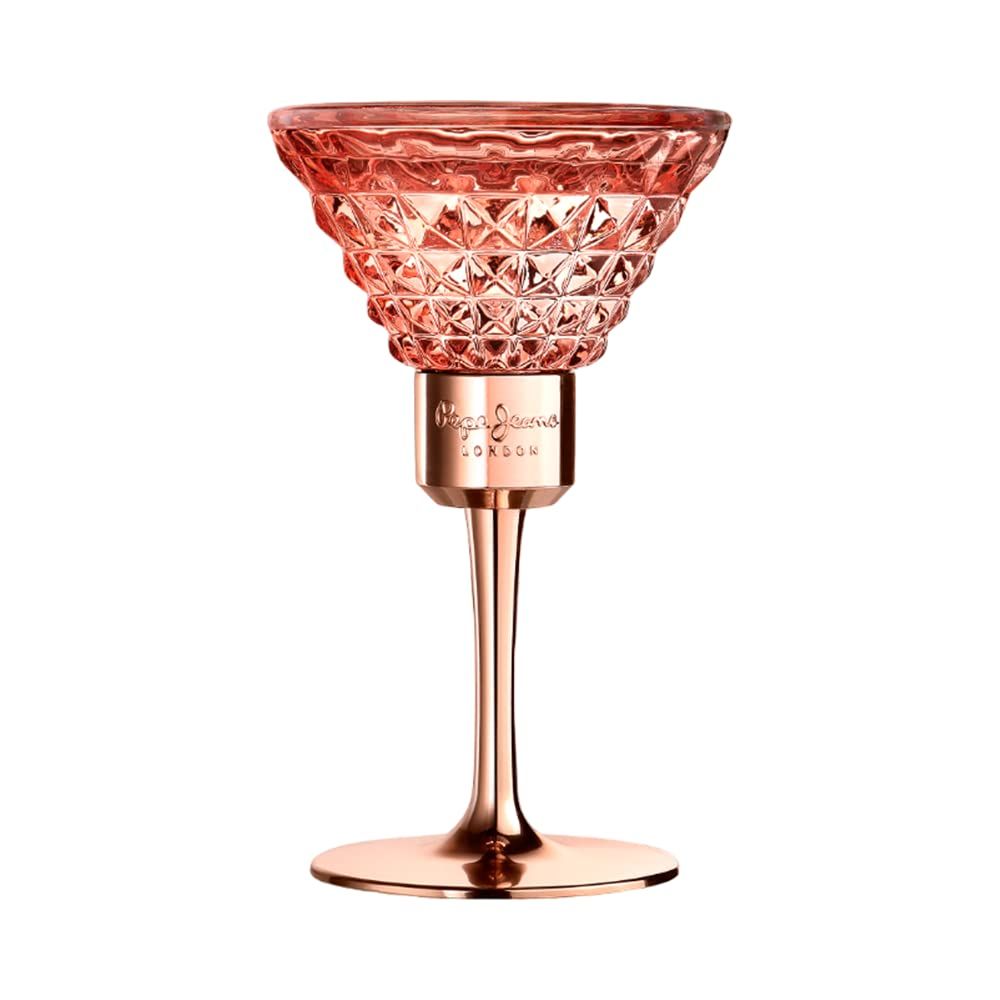 Parfümflakon in Kelchform. Rosa Glas mit geometrischem Muster. Goldfarbener Stiel und Fuß. Marke Pepe Jeans London.