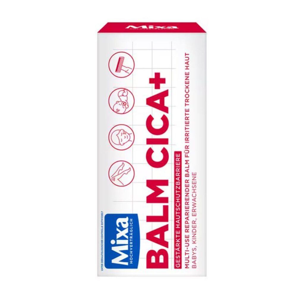 Verpackung Mixa Cica+ Balsam. Weiß mit rotem Deckel. Aufschrift: Balm Cica+. Text: Multi-Use reparierender Balsam für irritierte trockene Haut.
