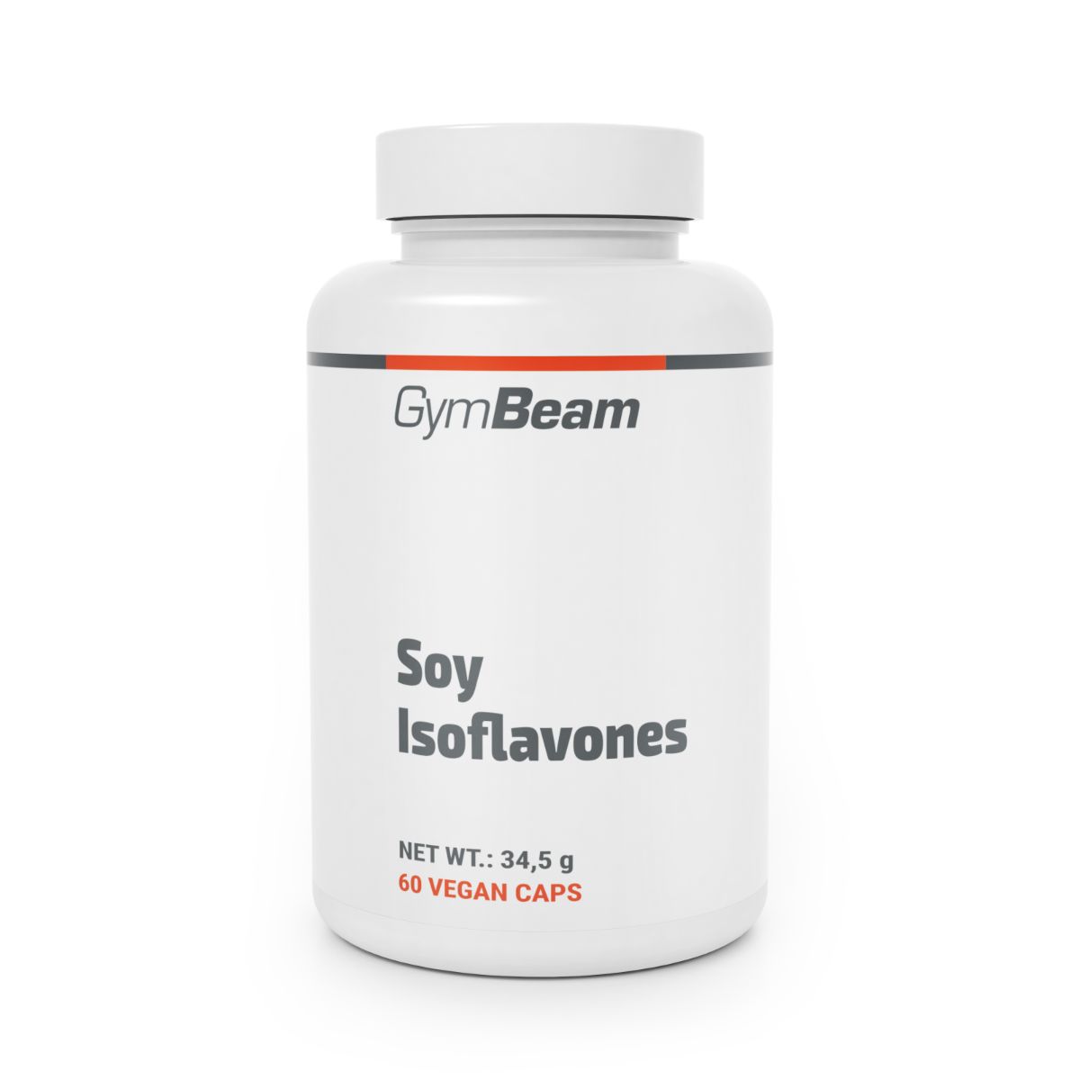 GymBeam Soja Isoflavones Kapseldose, weiß, mit schwarzem und rotem Streifen. Enthält 60 vegane Kapseln.
