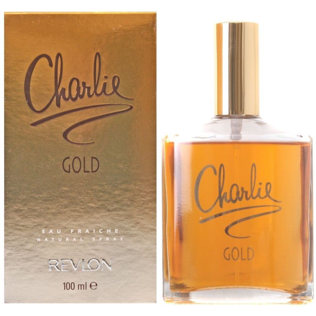 Goldfarbenes Eau Fraîche von Revlon. Flakon mit goldfarbenem Verschluss und Schriftzug Charlie Gold. Karton mit Schriftzug und 100 ml.