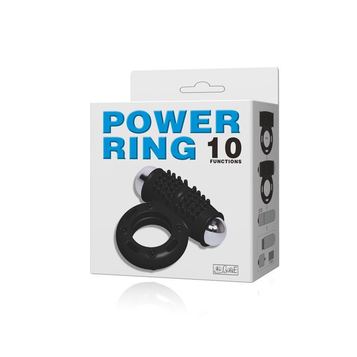 Produktverpackung: Weißer Karton mit Produktbild und Aufschrift POWER RING 10 FUNCTIONS.