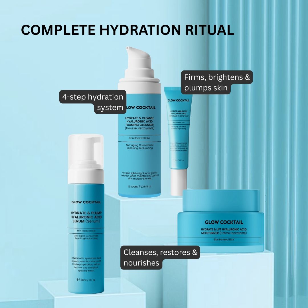 Vier Glow Cocktail Produkte. Reiniger, Serum, Creme und Feuchtigkeitspflege. Text: 4-step hydration system. Beschriftungen.