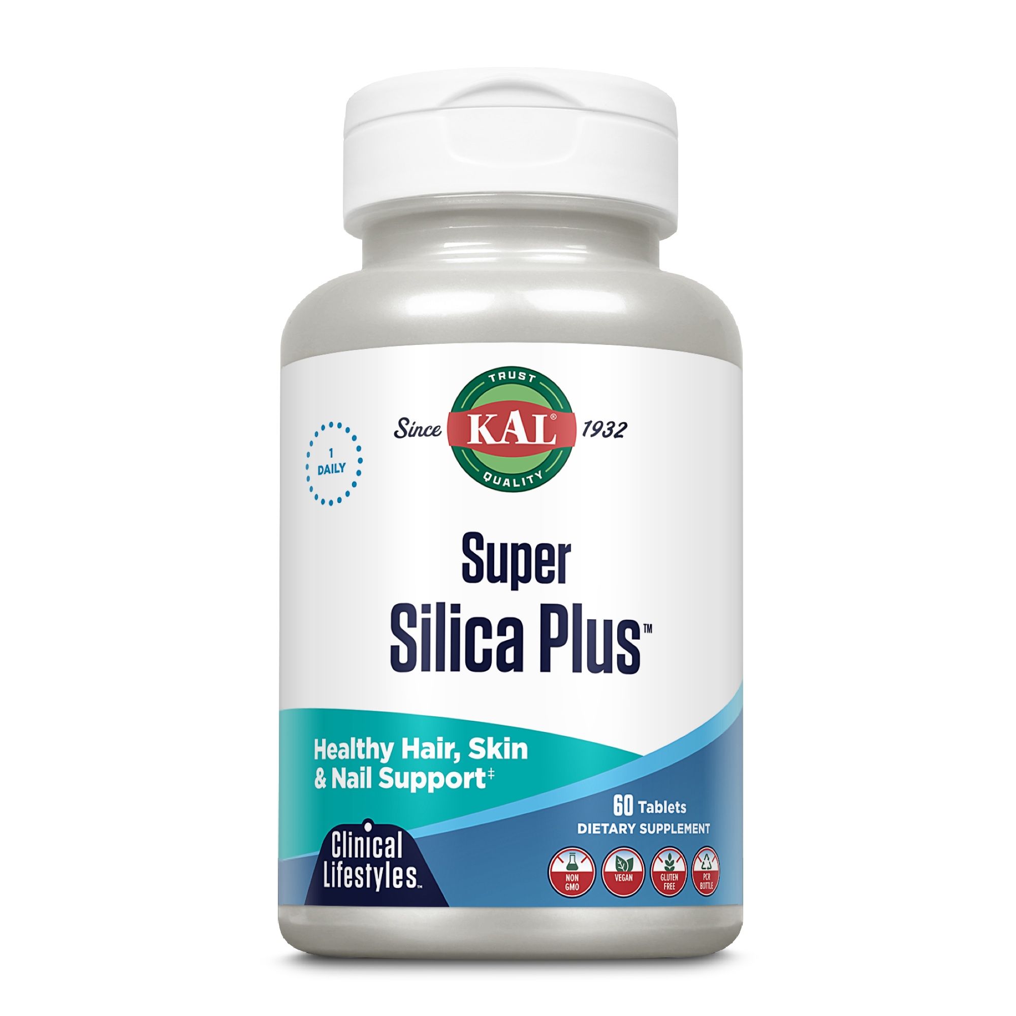 Weiße Flasche "Super Silica Plus". Text: "Healthy Hair, Skin & Nail Support". 60 Tabletten.