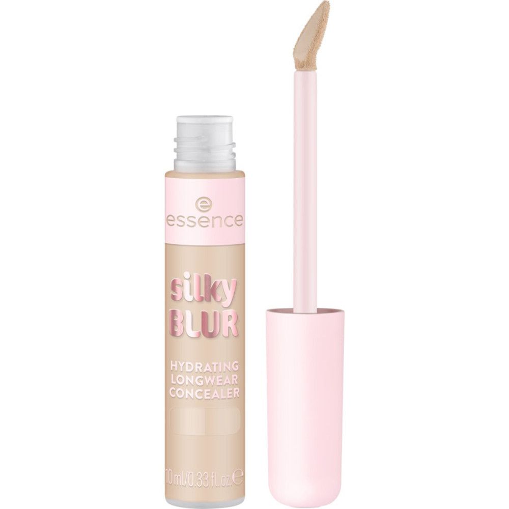 Beige Concealer-Tube mit rosa Deckel. Aufschrift: Silky Blur, Hydrating Longwear Concealer. Applikator sichtbar.
