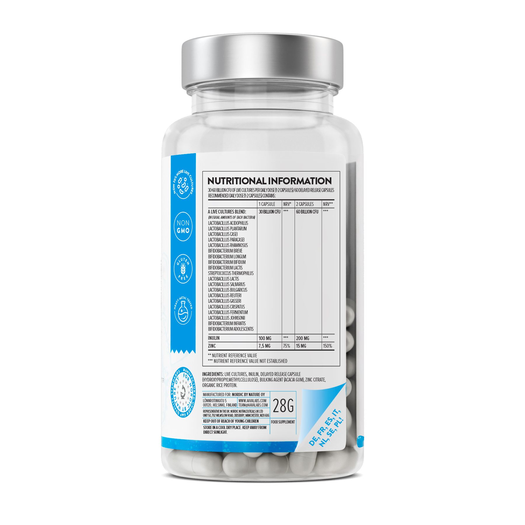 Rückseite der Flasche mit Nährwertangaben. Enthält Informationen in verschiedenen Sprachen. 28g.