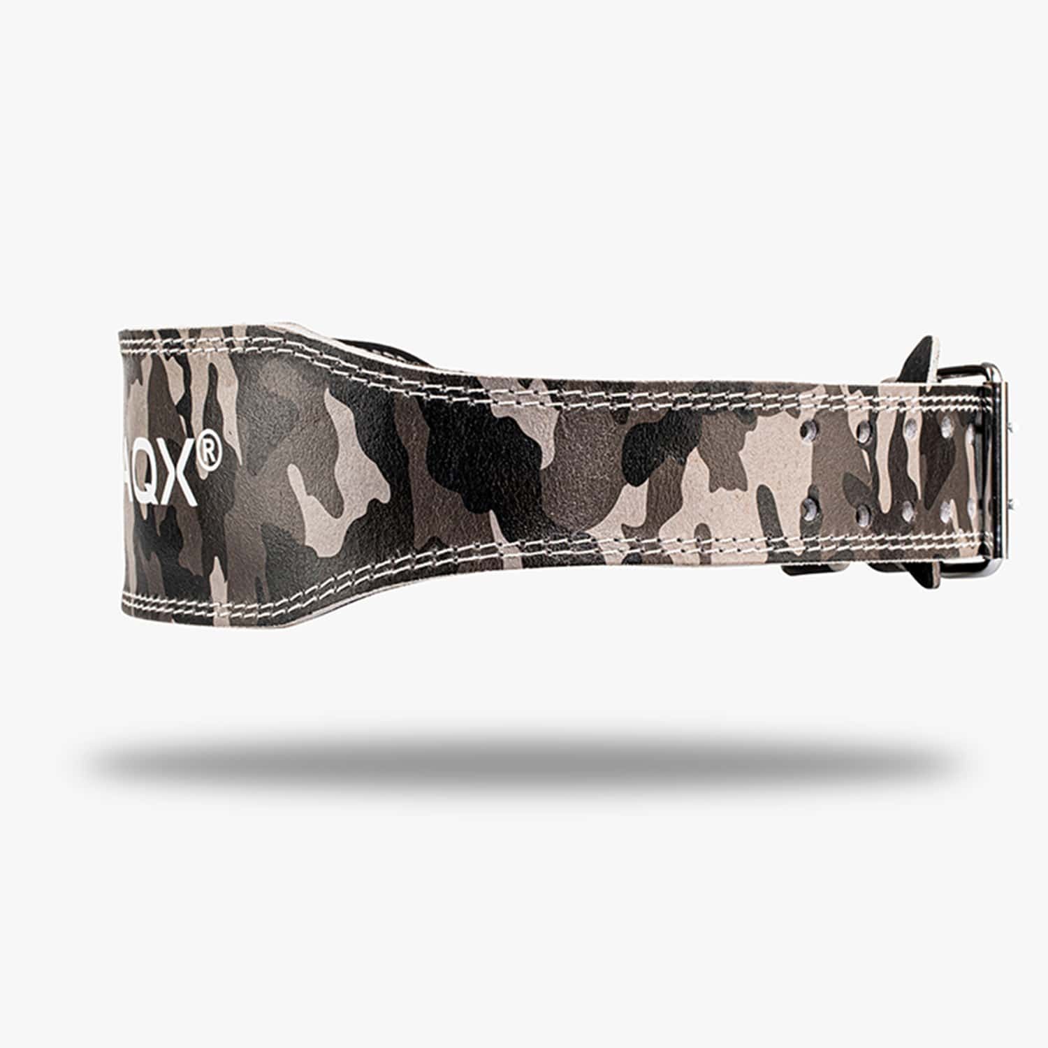 CLIMAQX Power Belt. Camouflage-Muster. Schwarzes Leder mit weißem Logo. Schnalle und Löcher zur Größenanpassung.
