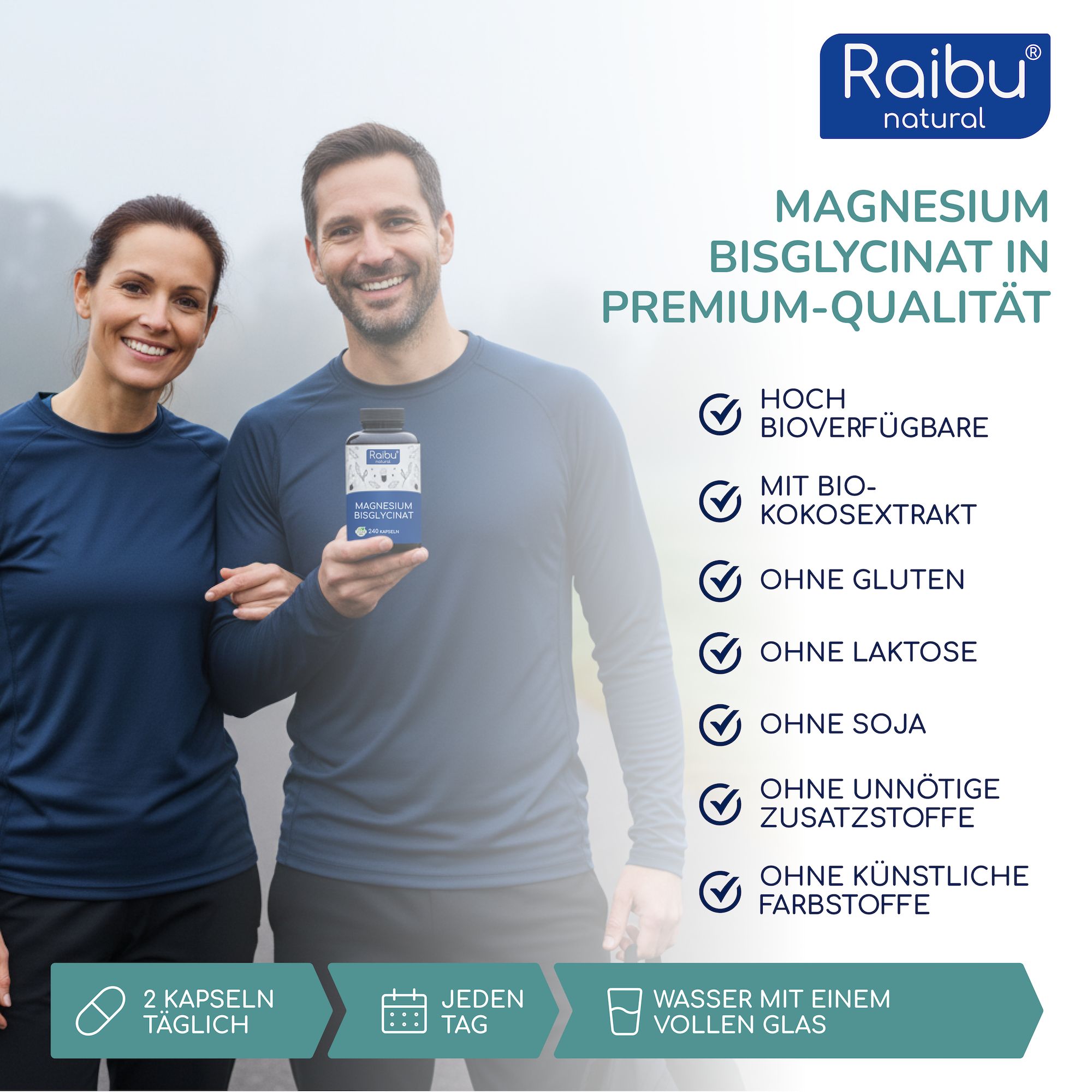 RAIBU Magnesiumbisglycinat (Magnesium Glycinat) 300 mg pro Tag– hoch bioverfügbar & chelatiert