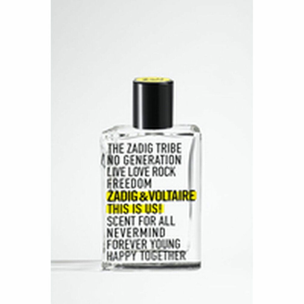 Klarer Flakon mit schwarzem Verschluss. Aufschrift: Zadig & Voltaire THIS IS US! Scent for All.