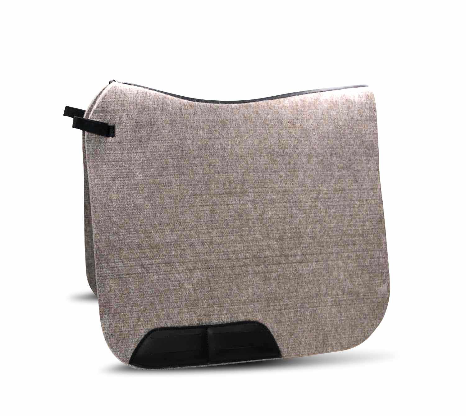Reitpad aus Filz, rechteckig, grau, mit schwarzen Verstärkungen und Befestigungsriemen.
