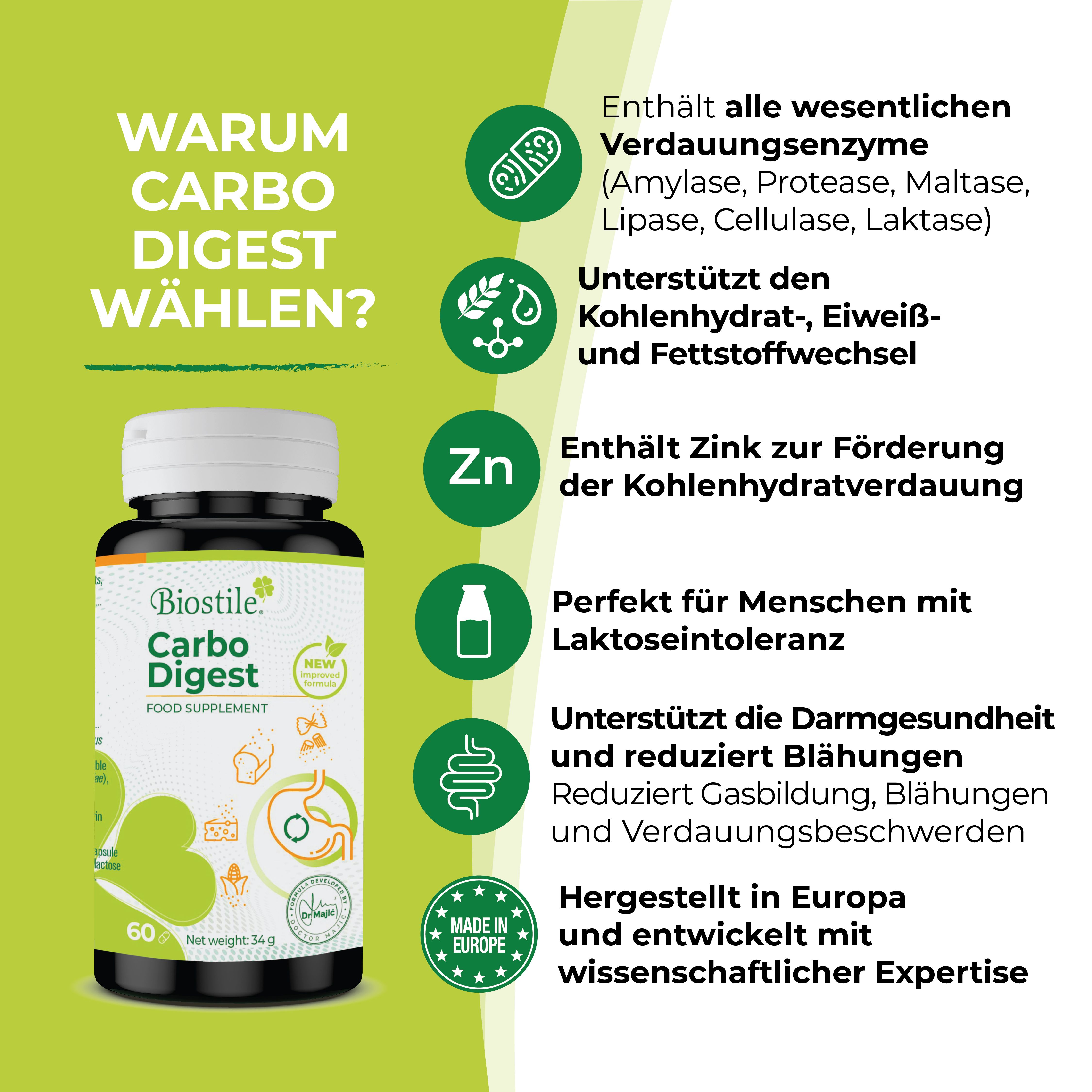 Produktflasche neben Infografik. Text: Warum Carbo Digest wählen? Aufzählung von Vorteilen. Flasche mit 60 Kapseln.