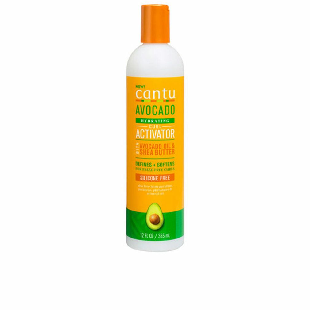 Cantu Avocado Curl Activator Flasche. Gelb-grünes Etikett mit Produktnamen und Avocado-Illustration. Orangefarbener Deckel.