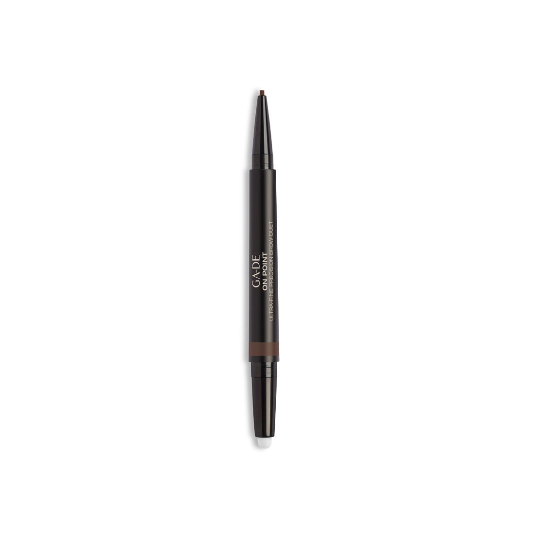 Doppelstift. Dunkelbraune Mine und Bürste. Aufschrift: G.DE ON POINT ULTRA FINE BROW DUET.