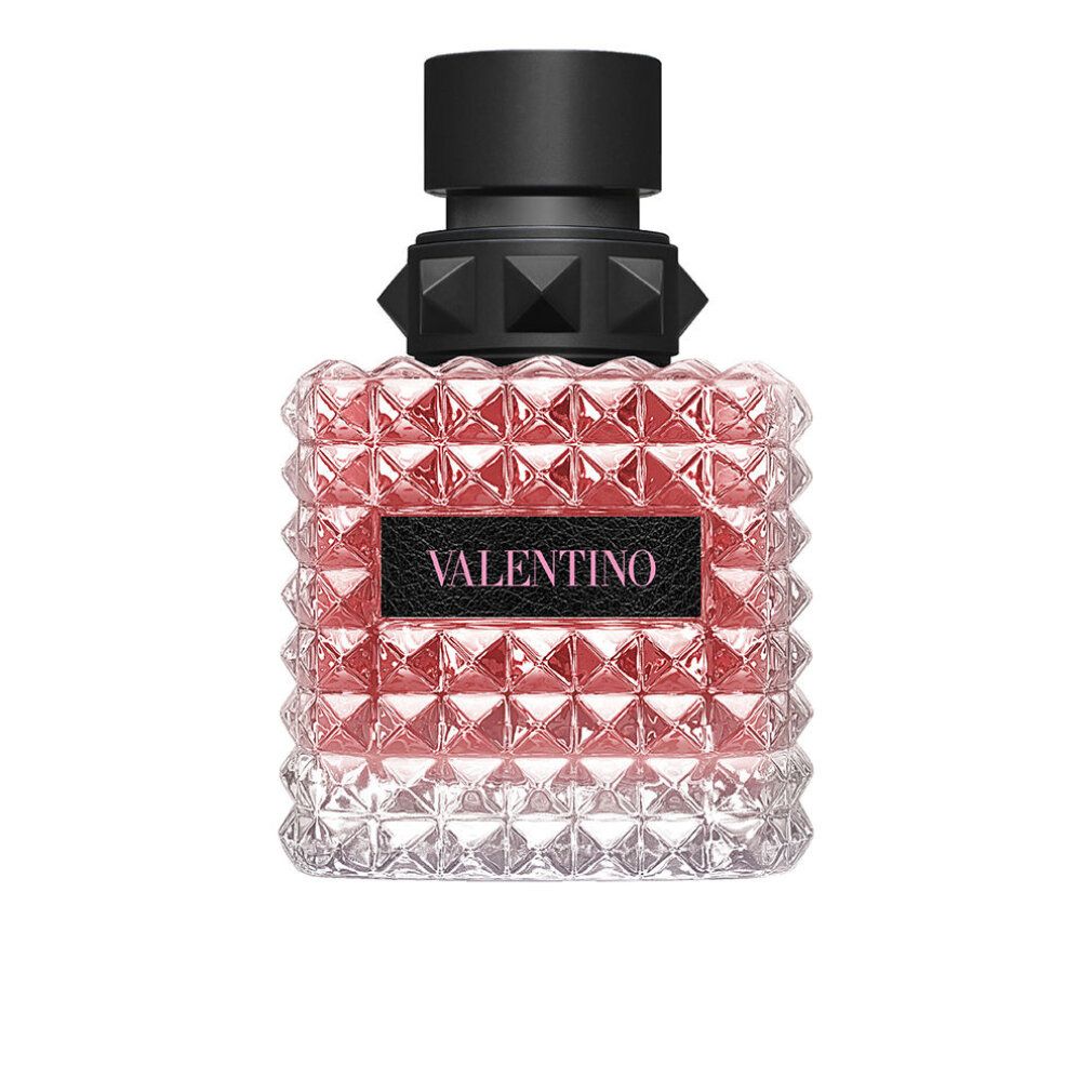 Valentino Born In Roma Damen Eau De Parfum. Klarer Flakon mit rosa Flüssigkeit. Schwarzer Verschluss. Quadratische Form.