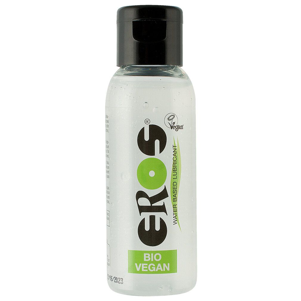 Klare Flasche mit schwarzem Deckel. Aufschrift: EROS, BIO VEGAN. Vegan-Siegel.