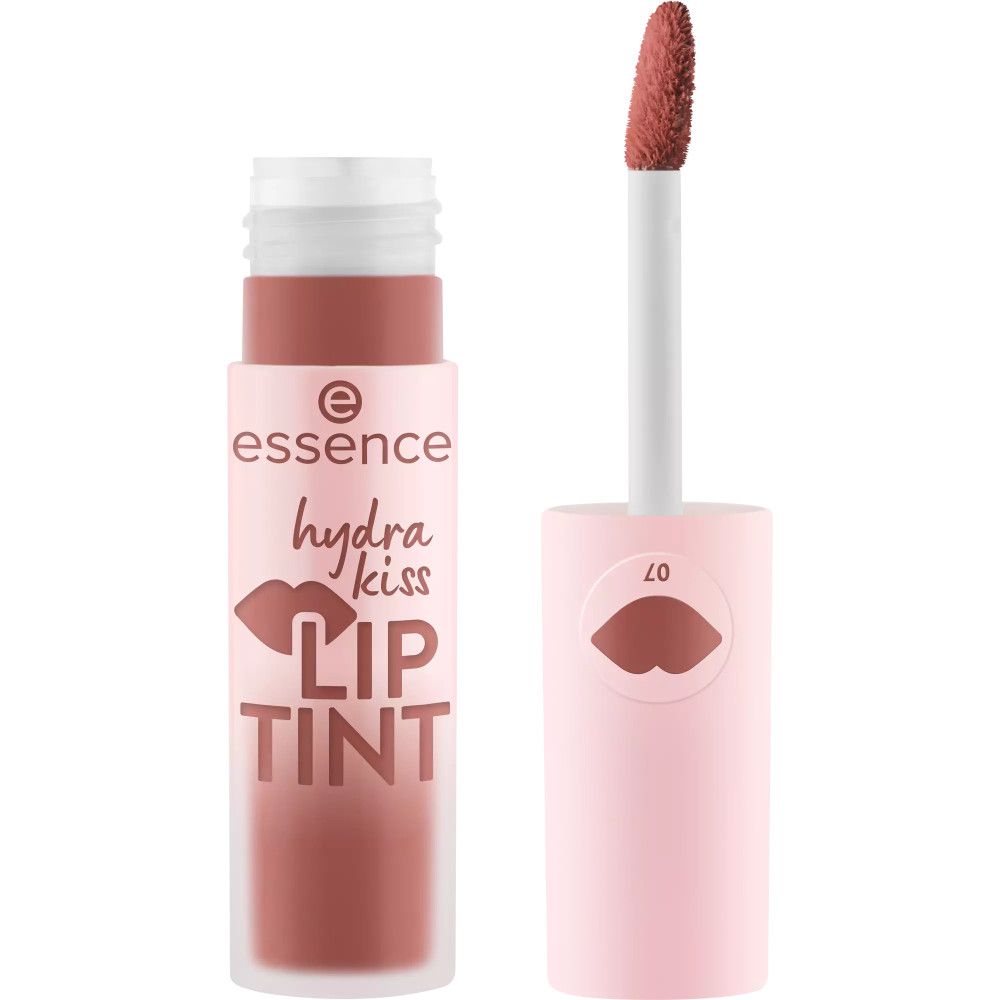 Essence Hydra Kiss Lippen-Tint. Geöffnete Tube mit Applikator. Rosa Deckel mit Lippen-Illustration und Nummer 07.