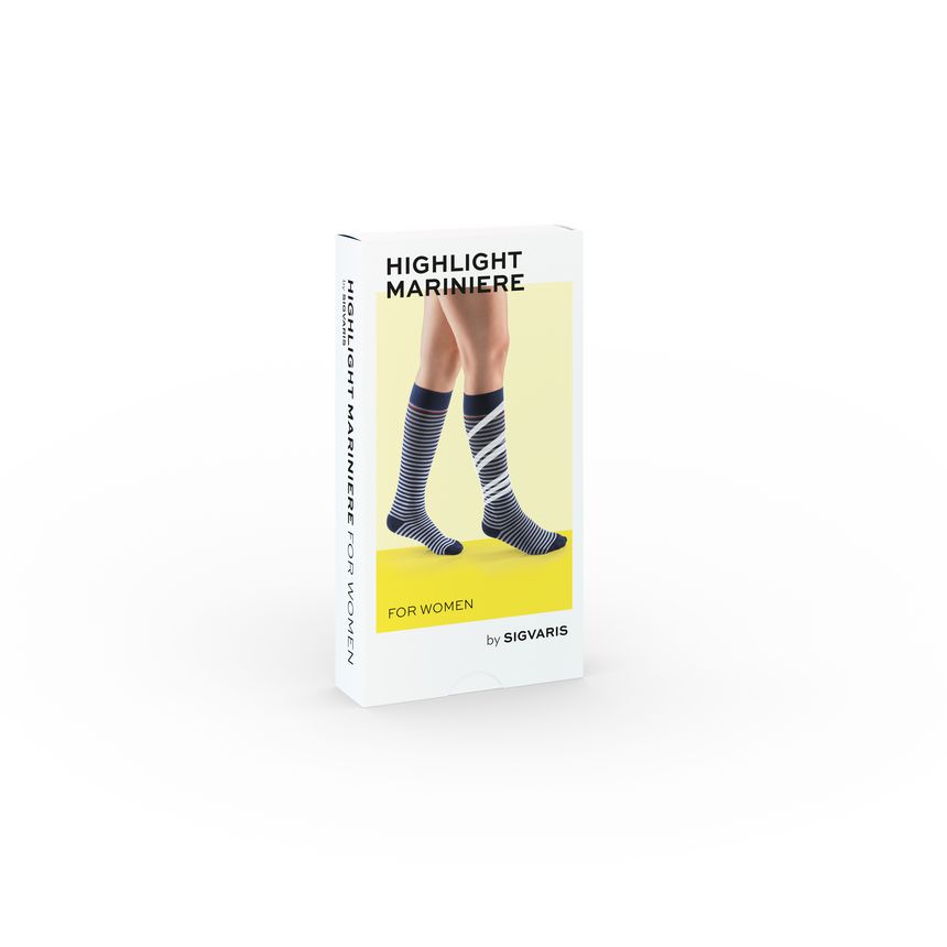 Verpackung mit Kniestrümpfen. Produktname: Highlight Mariniere. Marke: SIGVARIS. Für Frauen.
