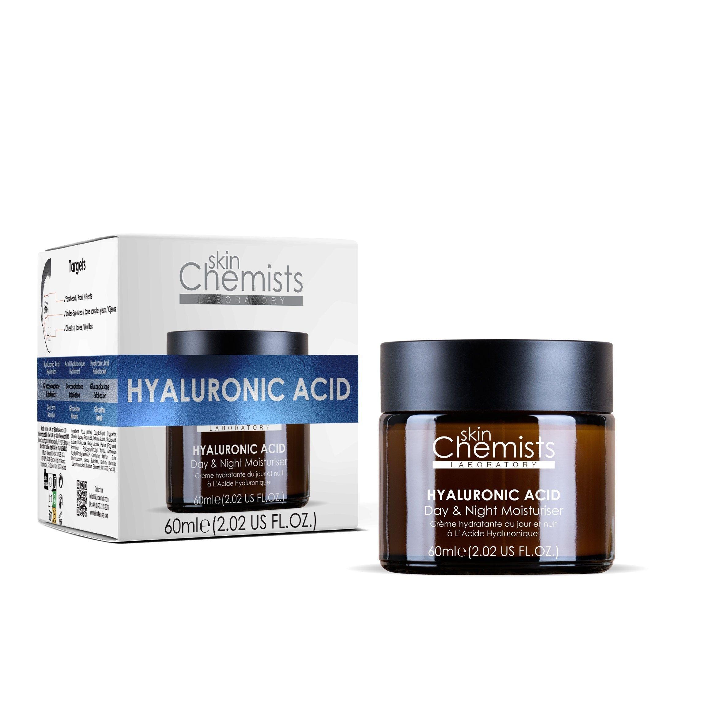 Braune Glastiegel mit schwarzem Deckel und weißer Verpackung. Aufschrift: HYALURONIC ACID Day & Night Moisturiser. 60ml.