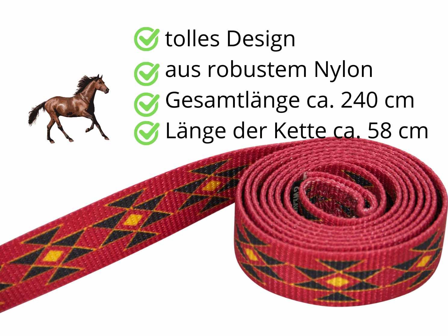 Rot geflochtenes Führzügel mit schwarzem Muster. Gesamtlänge ca. 240 cm, Kette ca. 58 cm. Aus robustem Nylon.