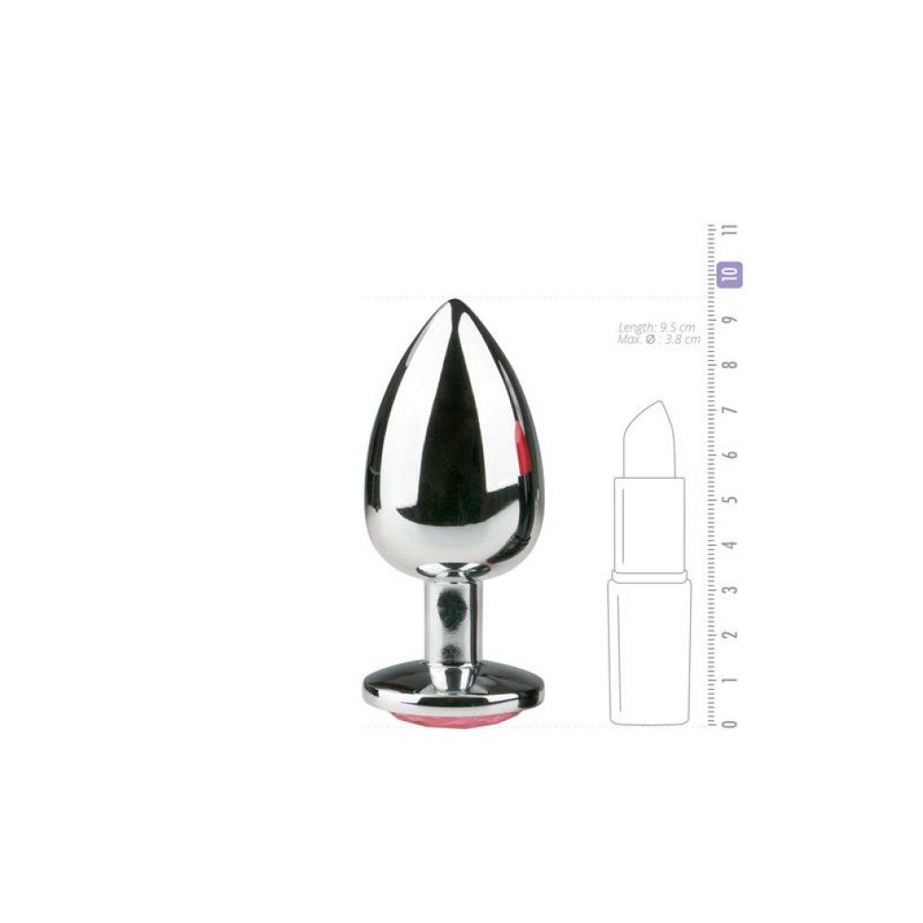 Analplug aus Metall. Glänzende Oberfläche, konische Form. Mit rosa Zierstein am Ende. Maße: 9,5 cm lang, Ø 3,8 cm.