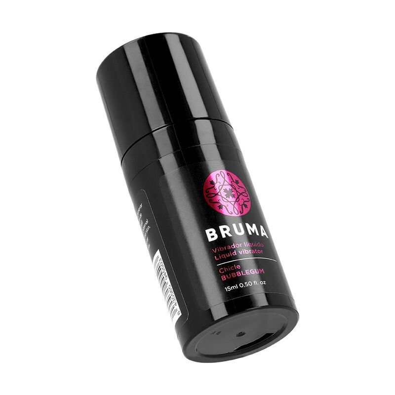 Schwarze Flasche mit rosa Logo und Text. Produktname: Bruma. Geschmack: Bubblegum. 15ml Format.