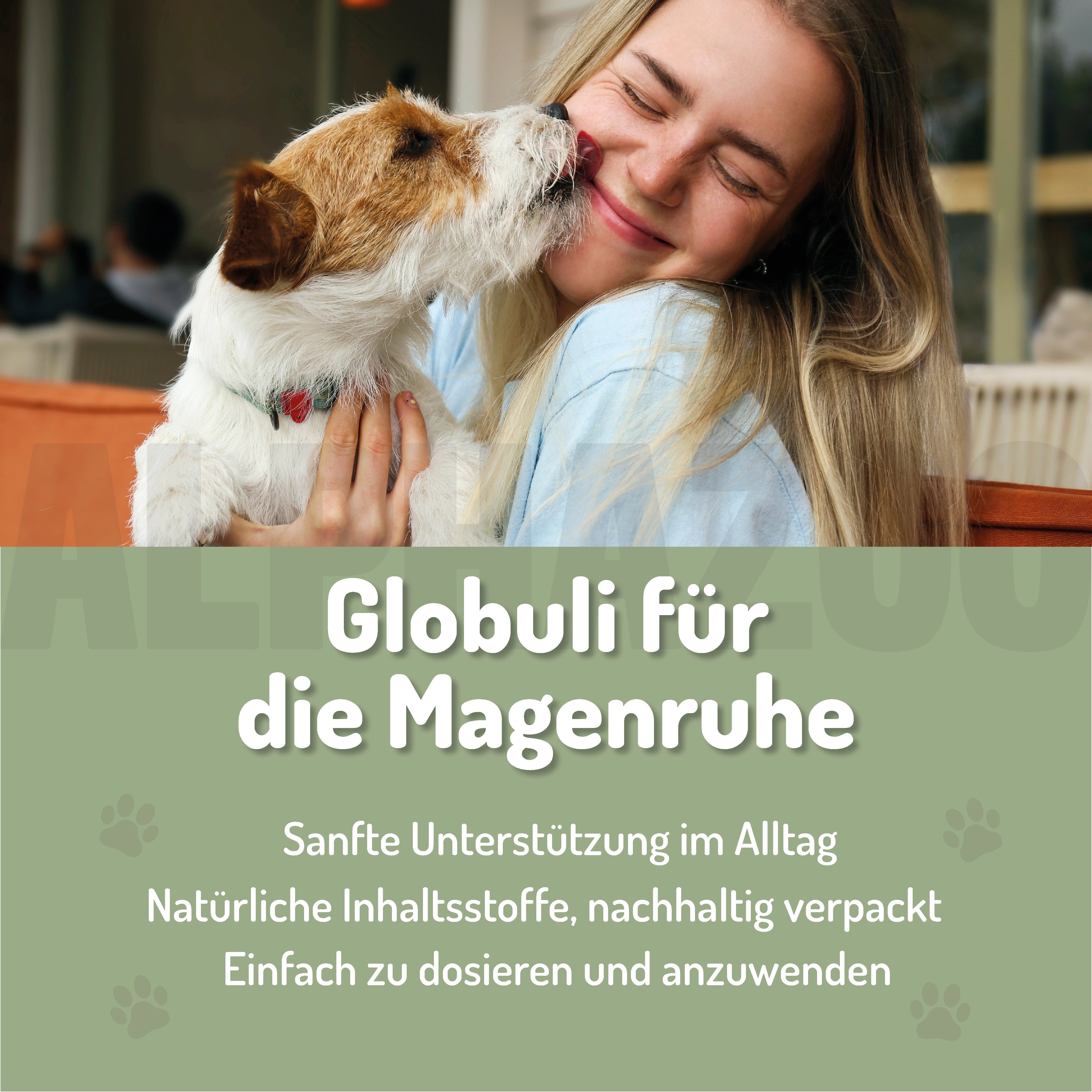 Junge Frau umarmt einen Hund. Text: Globuli für die Magenruhe. Sanfte Unterstützung im Alltag. Natürliche Inhaltsstoffe, nachhaltig verpackt.