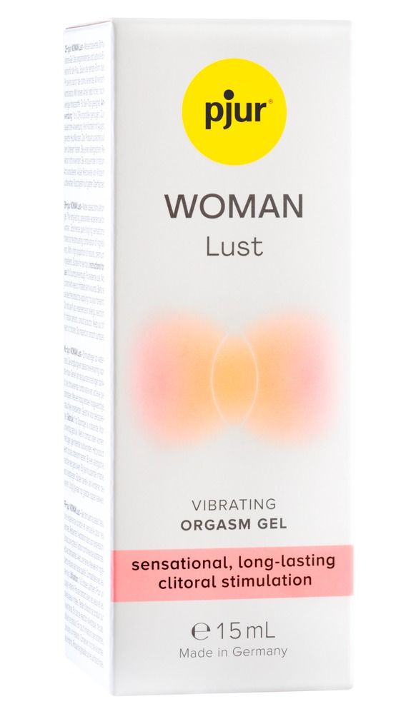 Produktverpackung. Aufschrift: pjur WOMAN Lust, Vibrating Orgasm Gel. Rosa-orangefarbene Abbildung. 15 ml.