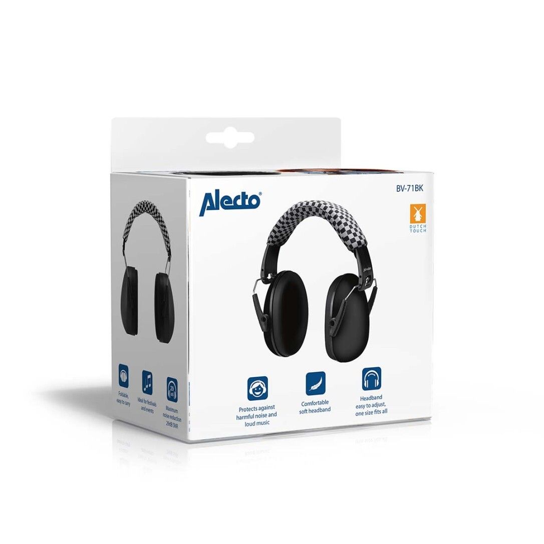 Gehörschutz für Babys und Kinder, in Verpackung. Schwarze Ohrmuscheln, kariertes Kopfband. Alecto-Logo.