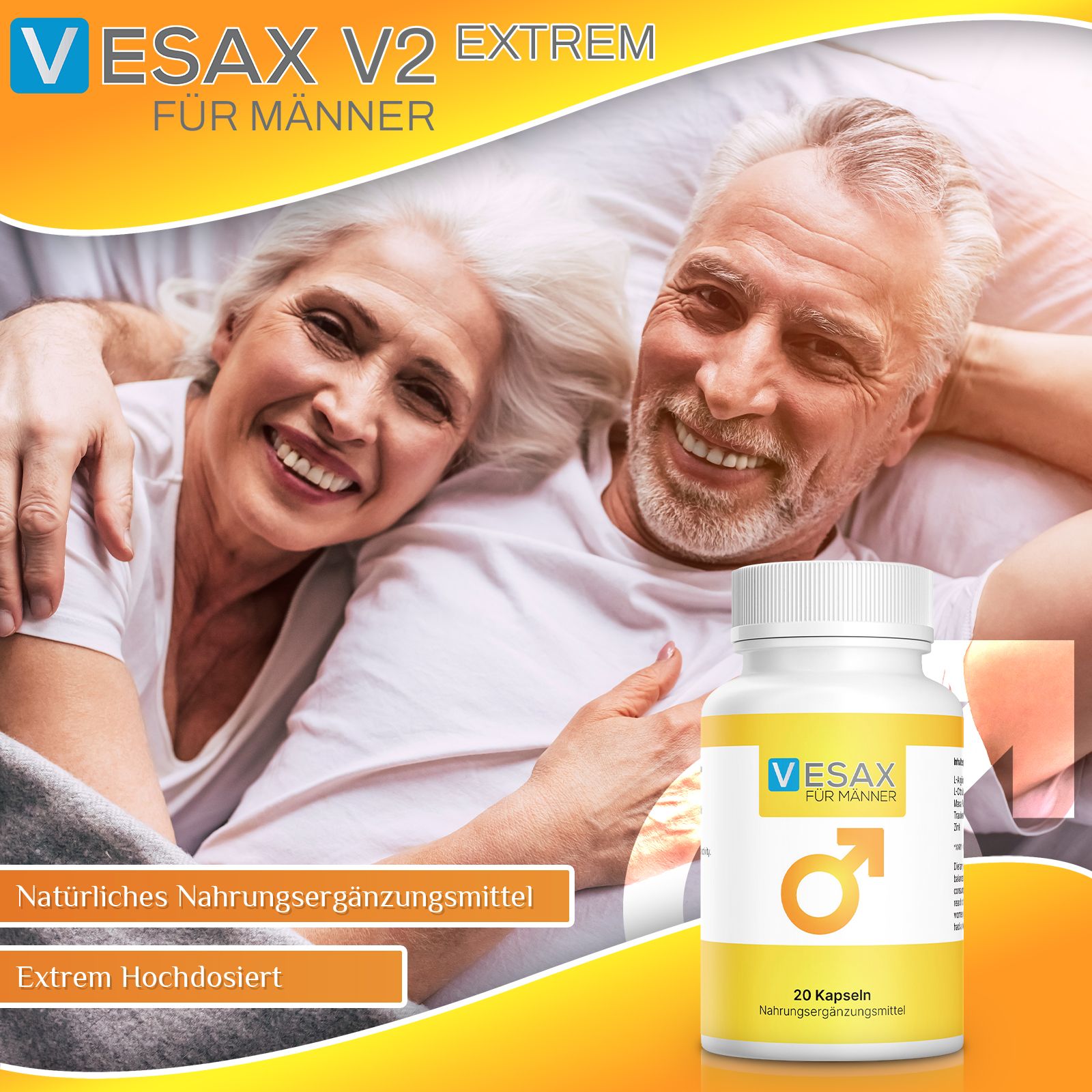 Flasche Vesax V2 Extrem für Männer mit Paar im Hintergrund. Aufschrift: 20 Kapseln. Gelb-weiße Verpackung.