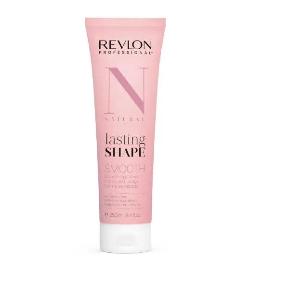 Revlon Lasting Shape Smooth Haarcreme, Tube. Rosa, weißer Deckel. Text: Revlon, Natural, Smooth, 250ml.