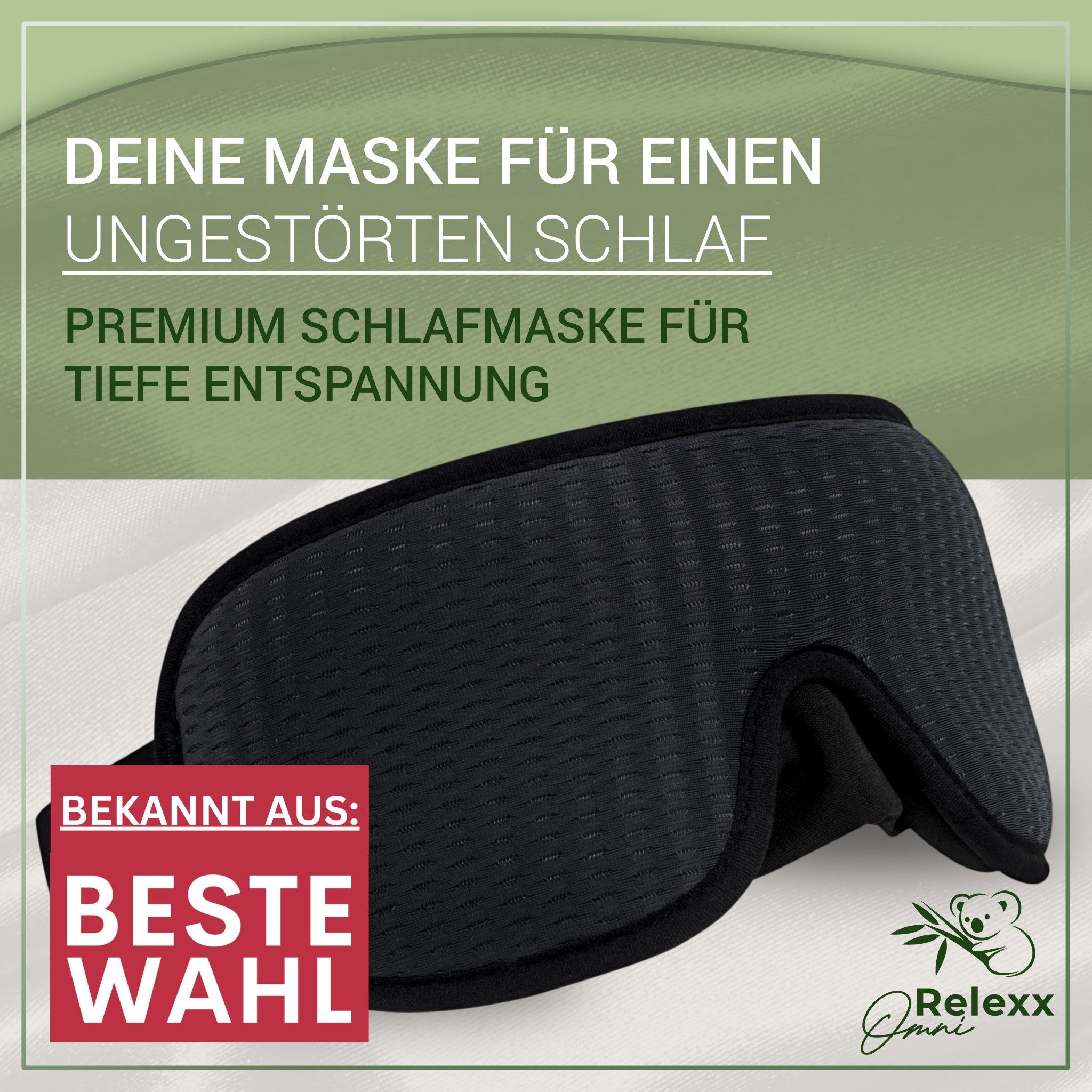 Schlafmaske. Text: Premium Schlafmaske für tiefe Entspannung. Logo unten rechts. Bekannt aus: Beste Wahl.
