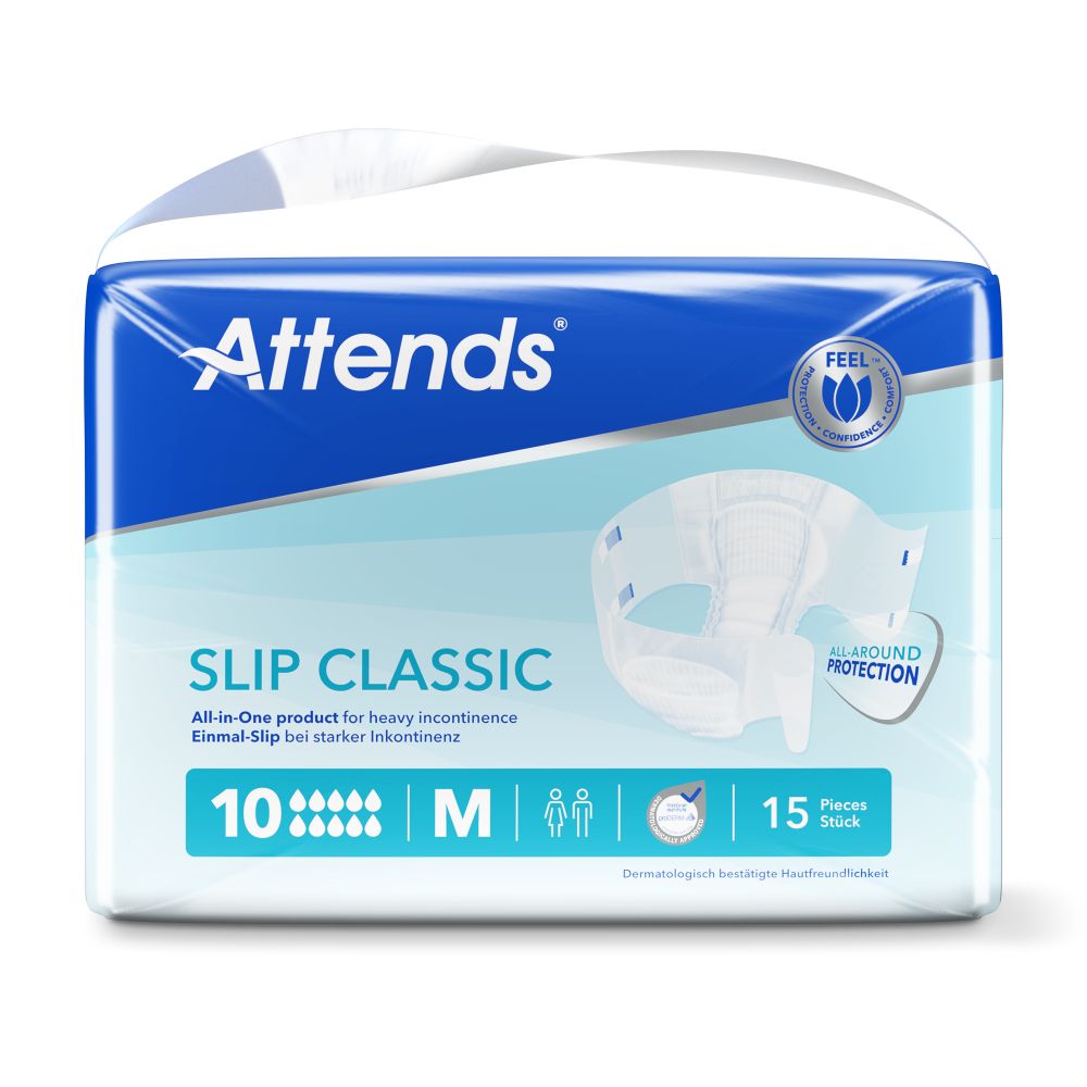 Attends Slip Classic 10 M, 15 Stück. Verpackung mit Produktabbildung und Text.