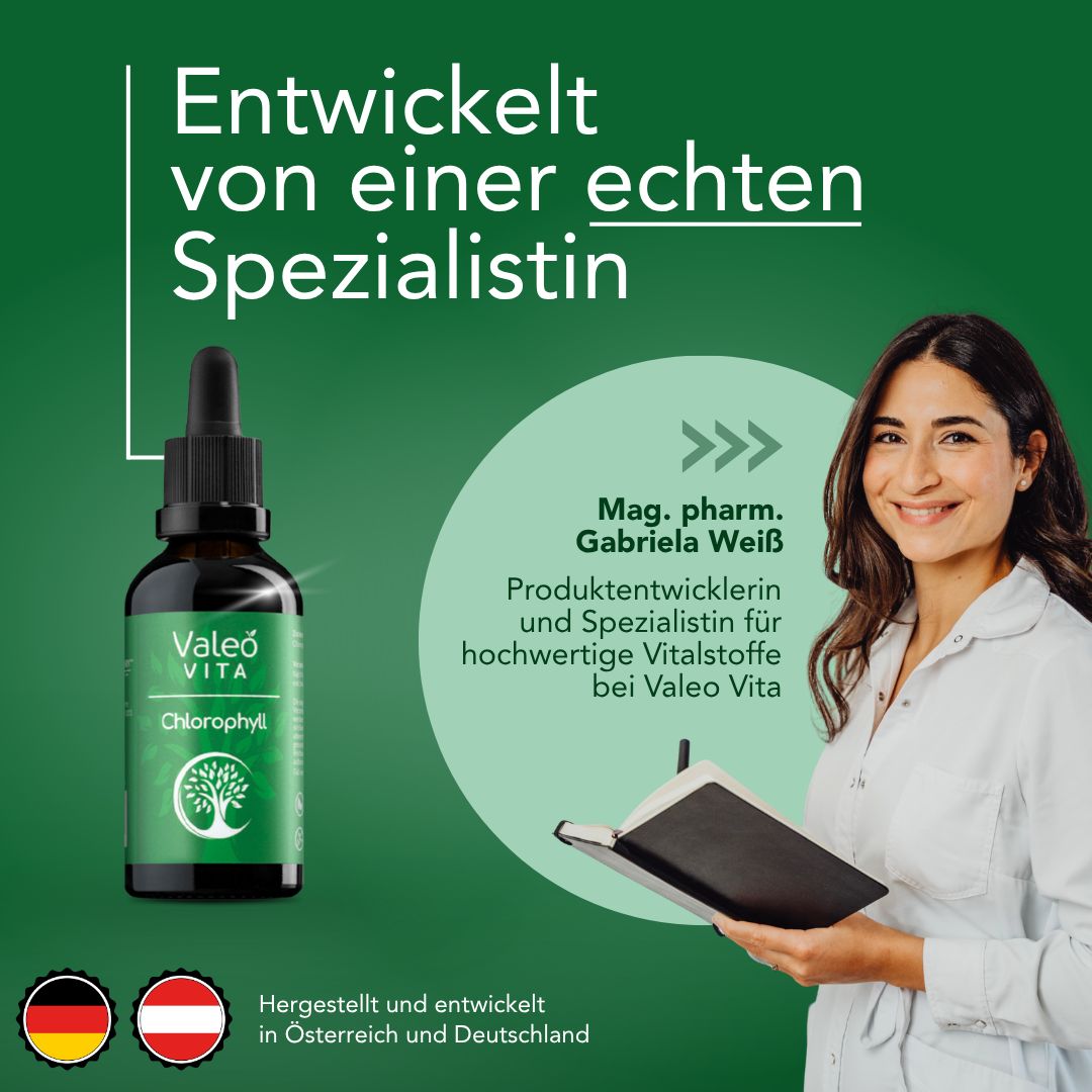 Braune Glasflasche mit Tropfer. Grünes Etikett mit Baum-Logo und Schriftzug. Frau im weißen Kittel hält Notizbuch. Text: Valeo Vita, Chlorophyll.