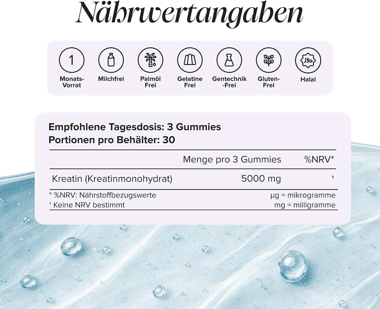 Nährwertangaben für Kreatin Gummies: 5000 mg Kreatin pro 3 Gummies.